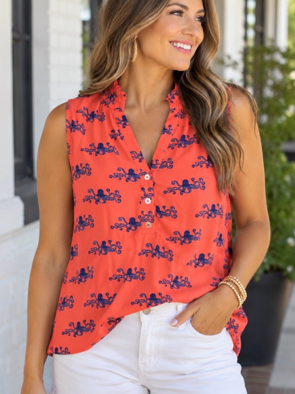 Maeve Coral Sleeveless Printed V-Neck Tank Octopus Size 0 Nautical Beach Summer
